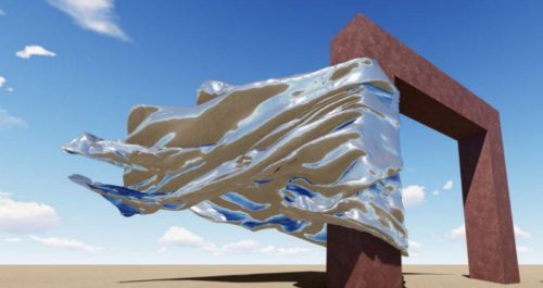 wind blowing corten steel sculpture in desert