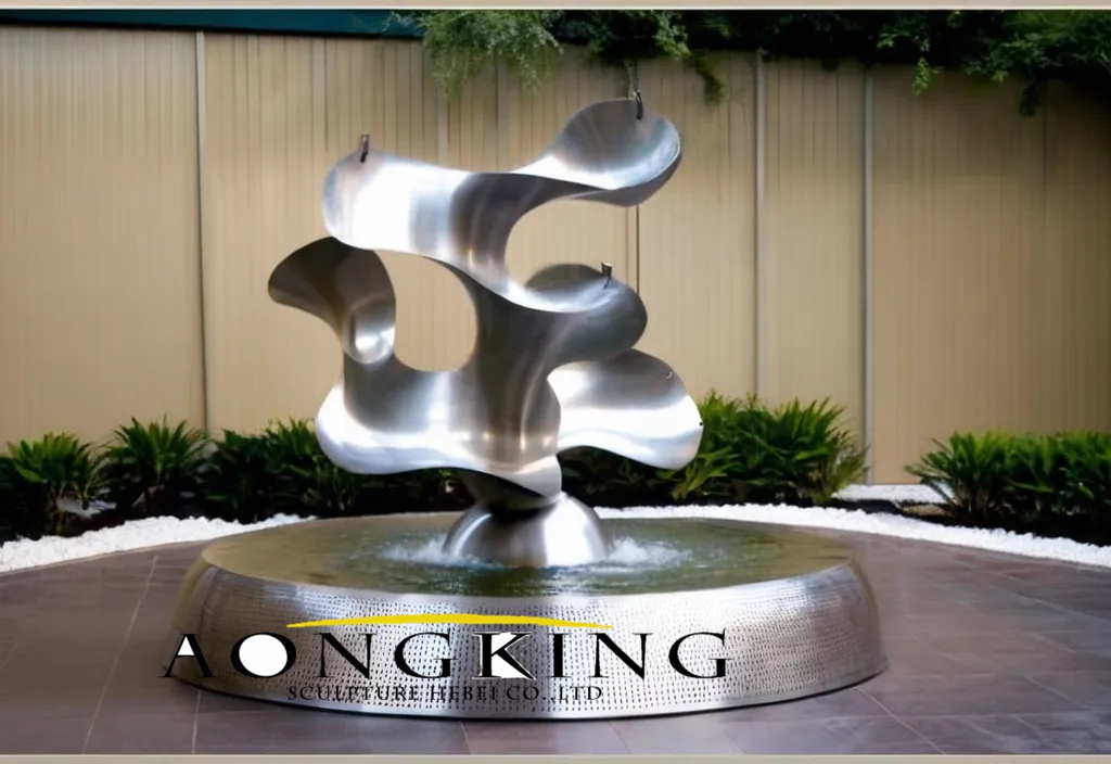 Stainless steel mushroom-like fountain sculpture